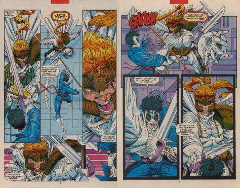 Shatterstar is able to easily slice people up because his sword has two blades.  DOUBLE CUTTING ACTION!