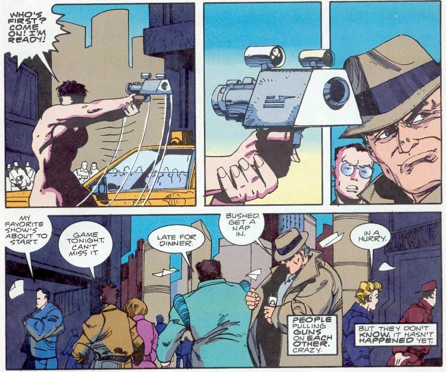 This is apparently a future with cyborgs and cool triangular guns, but that guy on the left still can't DVR that show where the guy says, "I'd buy that for a dollar!"